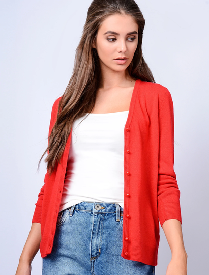 Cardigans Monet V Neck Button Up Cardigan in Pillar Box Red - Plum Tree / S - Tokyo Laundry