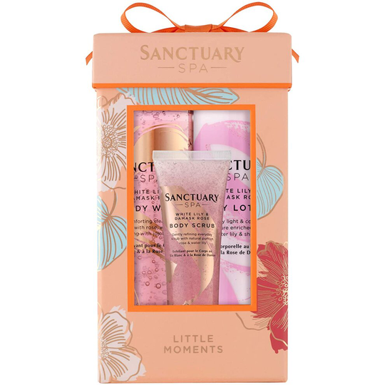 Sanctuary Spa Gift Set, Little Moments White Lily and Damask Rose Gift Box with Shower Gel, Body Scrub, Body Lotion, Vegan Gift for Her, Floral