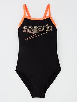 Speedo Kids Boom Logo Thin Strap Muscleback Swimsuit - Black/Red