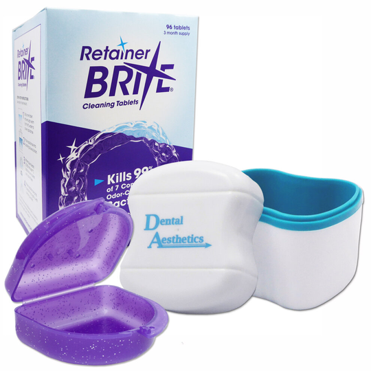 (Glitter Purple) Retainer Brite 96 Cleaner, Soaking Bath & Case ~ Cleaning Tablets, Box Storage Container