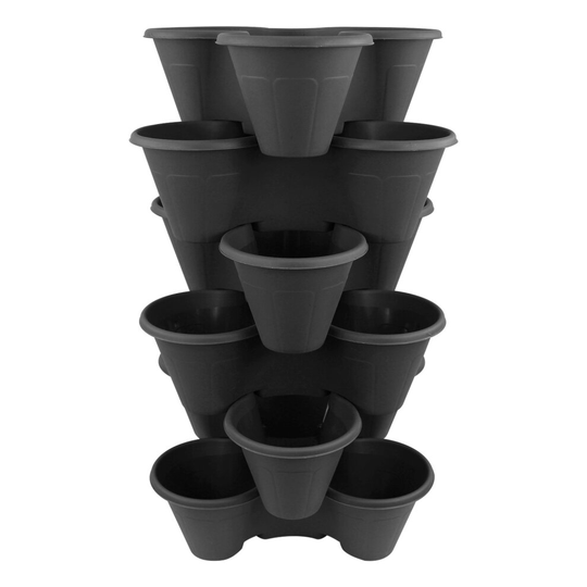 (Black, 6) Outdoor Strawberry Planters Stackable Garden Vertical Plant Pot Flower Herbs Box