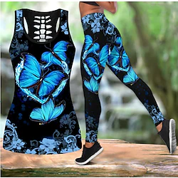 Women's 2pcs Activewear Set Yoga Suit Yoga Set 2 Piece Butterfly Clothing Suit Dark Grey Green Tummy Control Butt Lift Quick Dry Sleeveless Sport Activewear Stretchy / Leggings / Athletic Lightinthebox