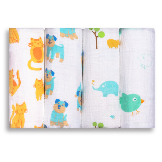Extra Large Super Soft Muslins - Animal Designs - Gift Boxed 4-Pack