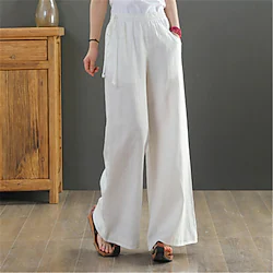 Women's Wide Leg Pants Trousers 100% Cotton Black Green Purple Mid Waist Basic Fashion Streetwear Office Work Weekend Drawstring Solid Color S M L XL XXL Lightinthebox