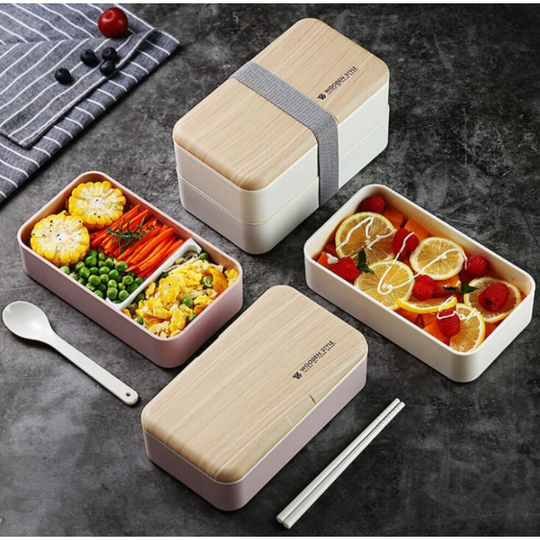 (Pink) Bento Lunch Box with Double Woody Box and Cutlery