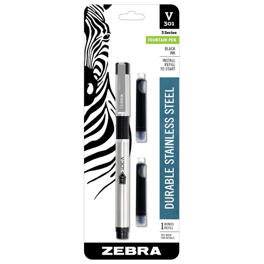Zebra V-301 Stainless Steel Fountain Pen with Bonus Refill, Fine Point, 0.7mm, Black Ink, 1-Count