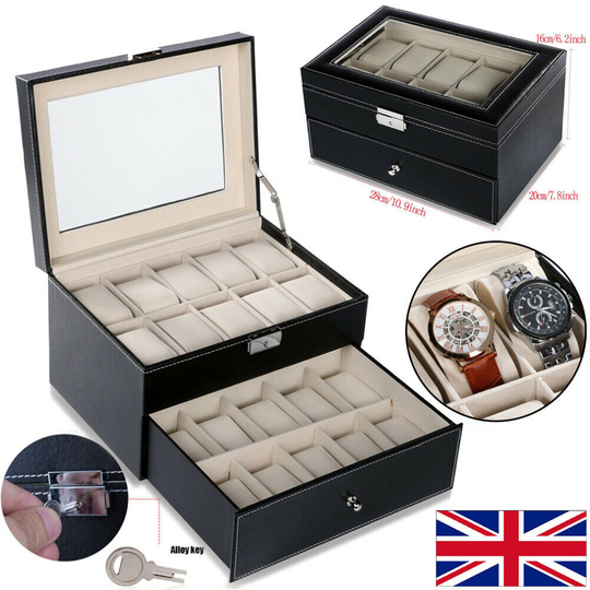 20 Slots Display Watch Box Case Organizer For Men Jewelry Storage