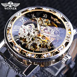 Winner Transparent Diamond Mechanical Watch Fashion Luxury Skeleton Leather Strap Wrist Watch Gear Movement Self Winding Male Clock Lightinthebox