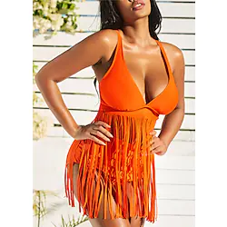 Women's Swimwear Tankini 2 Piece Normal Swimsuit Tassel Open Back Pure Color Blue Fuchsia Orange Black Tunic V Wire Bathing Suits New Vacation Fashion / Modern / Padded Bras Lightinthebox