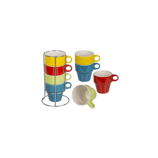 Invero Vibrant Coloured Fine Bone China Stackable Mug Set Includes 4 Tea Coffee Latte Cups 9oz and a Chrome Stand
