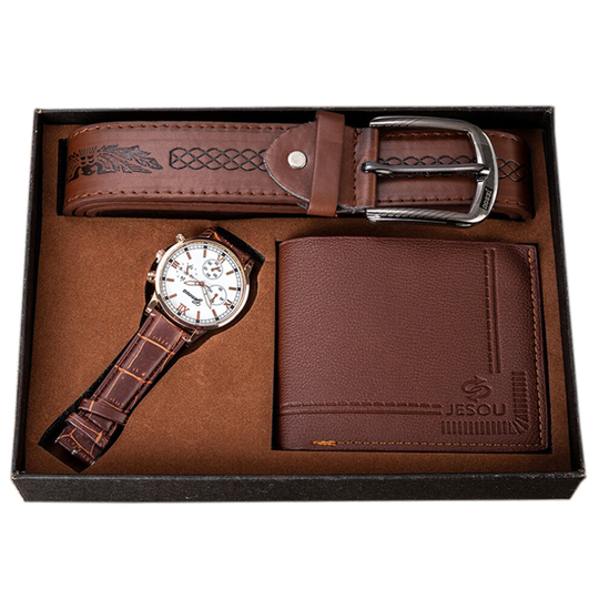 (White) 3pcs Men's Gift Set with Box Brown PU Leather Belt Wallet Watch