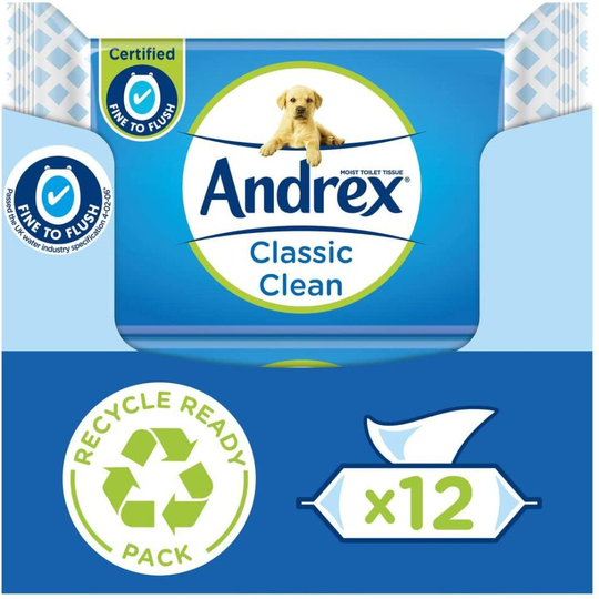 Andrex Washlets- Classic Clean Flushable Toilet Wipes - certified 'Fine to Flush', Plastic Free & Biodegradable Wet Wipes, 12 Moist Toilet T