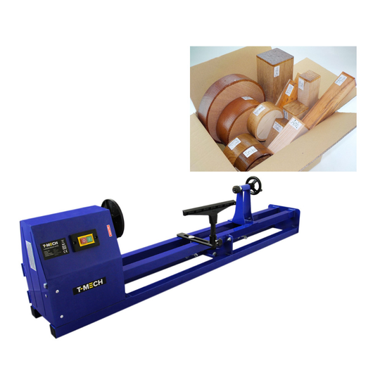 (T-Mech Wood Lathe & Mixed Blanks Selection Box) T-Mech Electric Wood Lathe with Chisels & English Woods Blank Selection Box