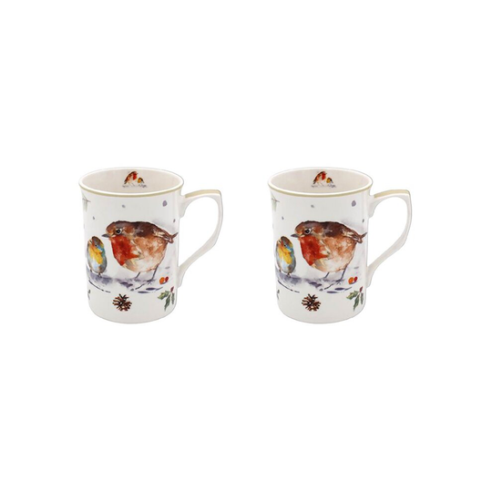 Winter Robins Set of 2 Fine China Mugs