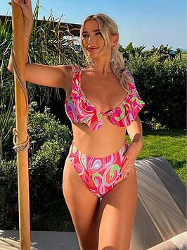 In The Style Billie Faiers Red Abstract Ruffle Bikini Top, Red, Size 6, Women