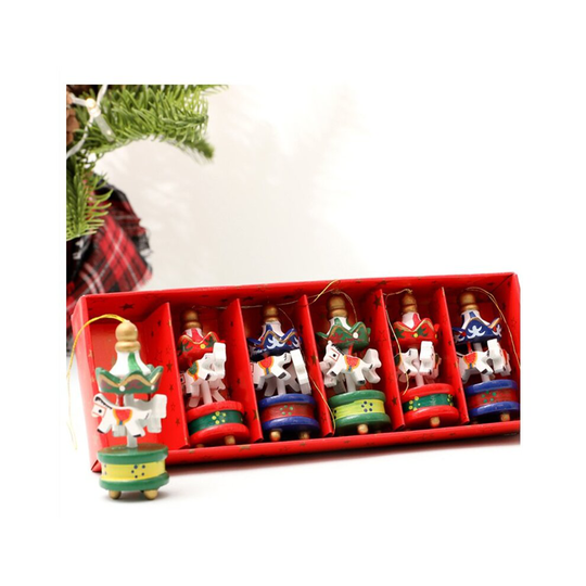 (Full set of 6 with box) 6 Pcs Merry Christmas Wooden Carousel Horse Vintage Mini Hanging Pendant for Children Birthday Gift