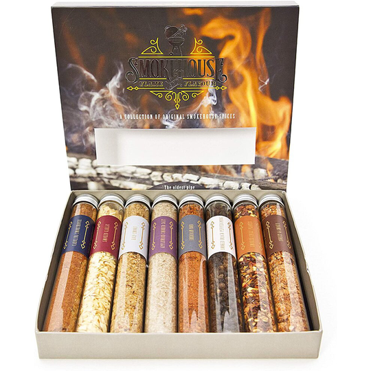 Barbecue Smokehouse Flame and Flavour BBQ Rub Set - 8 Unique Smoked Spice Selection Box - Unusual Food Cooking Gifts - for Gourmet Foodies Enjoy Smoke