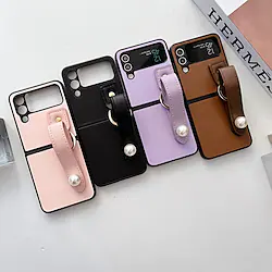 Phone Case For Samsung Galaxy Back Cover Z Fold 4 Z Fold 3 Z Flip 4 Z Flip 3 Portable Leather with Wrist Strap Solid Colored PC PU Leather Lightinthebox