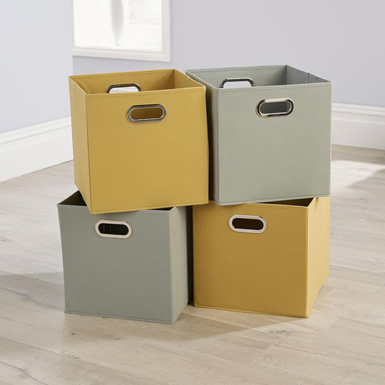 Fold Non Woven 2 Soft Grey 2 Yellow Square Utility Storage Box Fabric Cube 4pc