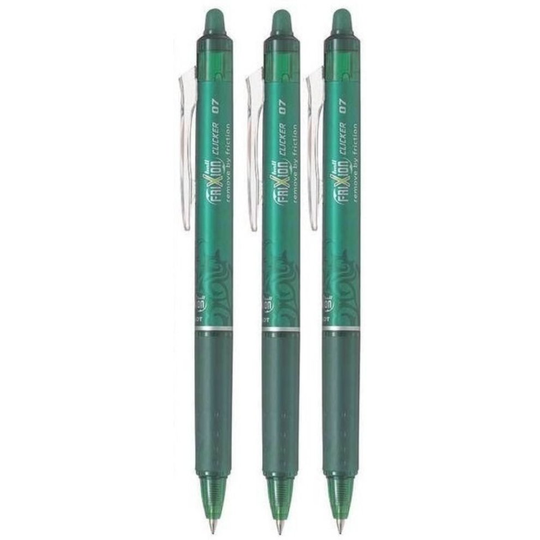 Pilot Green Frixion Clicker Retractable Fine Rollerball Erasable Pens Pen 0.7mm Nib Tip 0.35mm Line BLRT-FR7 (Pack Of 3)