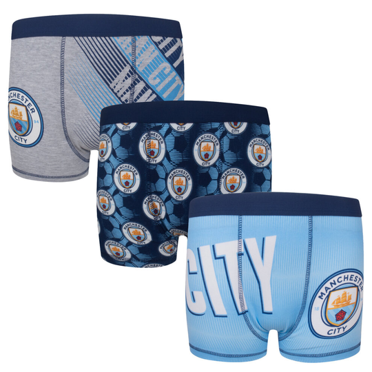 (5-6 Years) Manchester City Boys Boxer Shorts 3 Pack Crest Kids OFFICIAL Football Gift