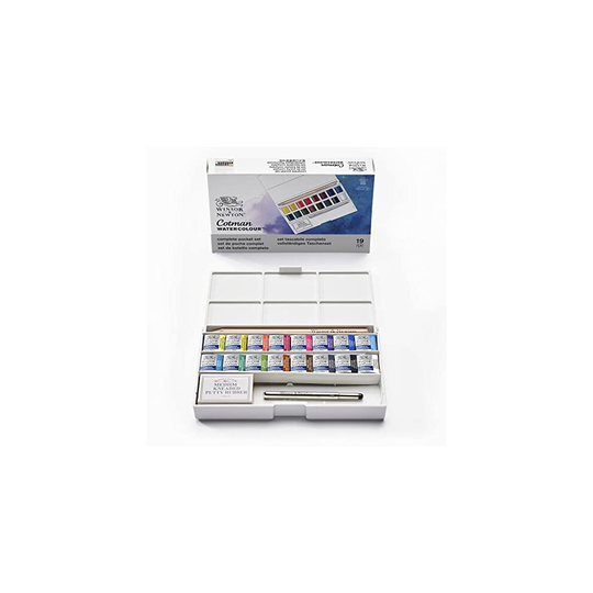 Winsor & Newton Cotman Watercolour Paint Set, Deluxe Sketchers' Pocket Box with 16 x Half Pans with Brush, Putty Rubber and Pencil