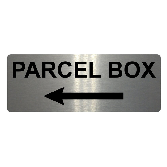 984 PARCEL BOX Arrow Direction Left Metal Aluminium Plaque Sign Door House Office Letters Parcels