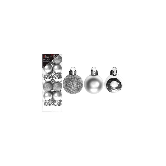 Set Of 24 3cm Baubles In Pvc Box Silver - Christmas Pack Assorted Snow White - christmas silver baubles pack 24 assorted snow white shatterproof