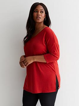 New Look Curves Red Fine Knit Long V Neck Top
