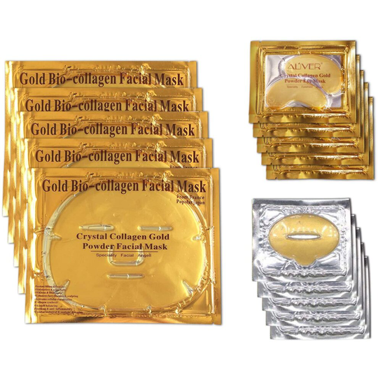 24k Gold Mask Set, 5 Packs Gold Bio-collagen Face Mask + 5 Packs Gold Eye Mask+ 5 Packs Gold Lip Mask