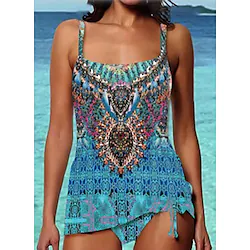 Women's Swimwear Tankini 2 Piece Normal Swimsuit Open Back Printing Color Block Blue Camisole Strap Bathing Suits New Vacation Fashion / Modern / Padded Bras Lightinthebox