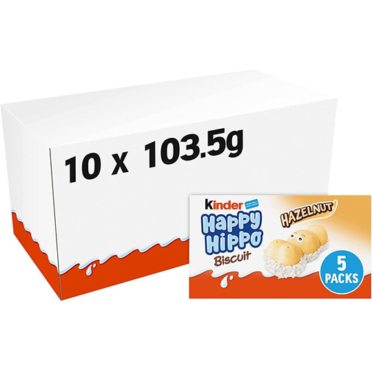 Kinder Happy Hippo Hazelnut Biscuit with Cream Filling, 5 Biscuits, Box of 10 (50 Total)