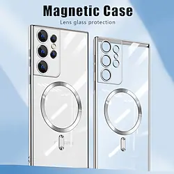 Phone Case For Samsung Galaxy Magnetic Adsorption S22 S22 Plus S22 Ultra S21 Ultra Plus S21 Plating Magnetic Four Corners Drop Resistance Transparent TPU Lightinthebox