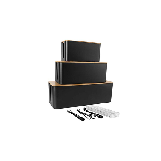 STARVAST Cable Management Box with Wooden Lid | Set of 3 Black Large Desk Cable Tidy Box | Large TV Cable Wire Extension Box Organiser Wire