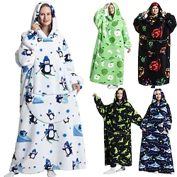 Adults' Oversized Hoodie Blanket Wearable Blanket With Pocket Shark Penguin Dinosaur Character Onesie Pajamas Flannel Cosplay For Men and Women Carnival Animal Sleepwear Cartoon Festival / Holiday Lightinthebox