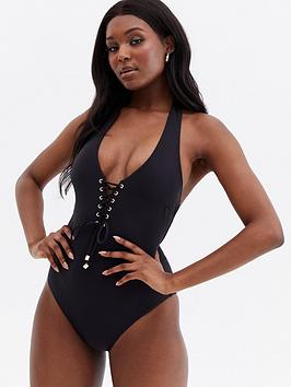 New Look Black Lace Up Halter Swimsuit