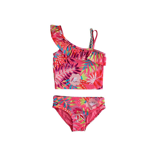 (Two Pieces Tropical, 11 Years) Girls Swimsuit, One Piece Swimwear, Tow Piece Tropical Floral Swimming Costume for Kids