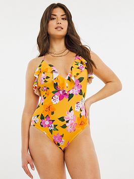 Figleaves Panama Soft Plunge Frill Swimsuit - Yellow