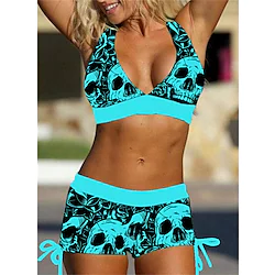 Women's Swimwear Bikini 2 Piece Plus Size Swimsuit Open Back Printing Leopard Skull White Blue Purple Red V Wire Bathing Suits New Vacation Holiday / Modern / Letter / Flower / Padded Bras Lightinthebox