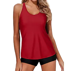 Women's Swimwear Tankini 2 Piece Normal Swimsuit Open Back Pure Color Green Fuchsia Red Camisole Strap Bathing Suits New Vacation Fashion / Modern / Padded Bras Lightinthebox