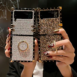 Phone Case For Samsung Galaxy Flip Z Flip 4 Z Flip 3 Ring Holder Flip Glitter Shine Crystal Diamond PC Lightinthebox