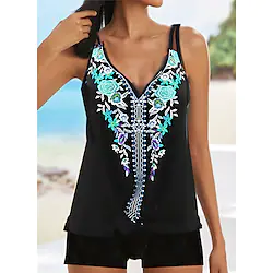 Women's Swimwear Tankini 2 Piece Plus Size Swimsuit Open Back Printing Floral Black Blue Purple Camisole Strap Bathing Suits New Vacation Fashion / Modern Lightinthebox