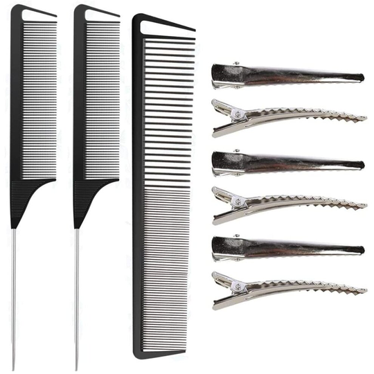 Rat Tail Combs Set, 3 Pack Barber Styling Combs Hairdressing Comb Wide and Fine Teeth Comb Carbon Fiber and Stainless Steel Pintail Comb with 6 Metal
