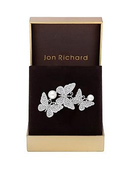 Jon Richard Rhodium Plated Crystal Pave Triple Butterfly And Pearl Brooch - Gift Boxed