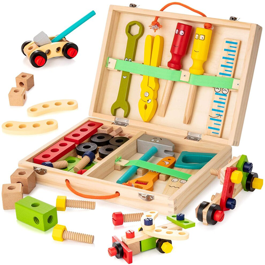 KIDWILL Tool Kit for Kids, Wooden Tool Box with Colorful Wooden Tools, Building Toy Set Creative DIY