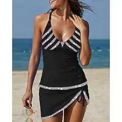 Women's Swimwear Tankini 2 Piece Plus Size Swimsuit Backless Ruched Striped Black Purple V Wire Bathing Suits New Casual Vacation / Modern Lightinthebox