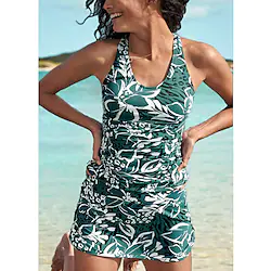 Women's Swimwear Tankini 2 Piece Normal Swimsuit Open Back Floral Green Tunic Blouse Scoop Neck Bathing Suits Sports Active Casual / Vacation / New / Padded Bras Lightinthebox