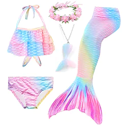 Kids Girls' Bikini 5pcs Swimsuit Mermaid Tail Swimwear Cosplay Rainbow Halter Print Purple Blushing Pink Party Costumes Princess Bathing Suits Lightinthebox