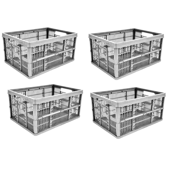 4 x 32 Litre Silver Folding Crate Collapsible Plastic Storage Boxes