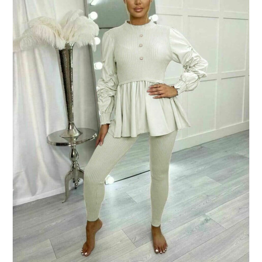 (Cream, 14) Ladies Fine Ribbed Frill Peplum Button Loungewear